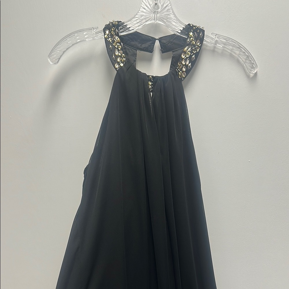 Stylish Black Halter Dress with Embellished Neckline